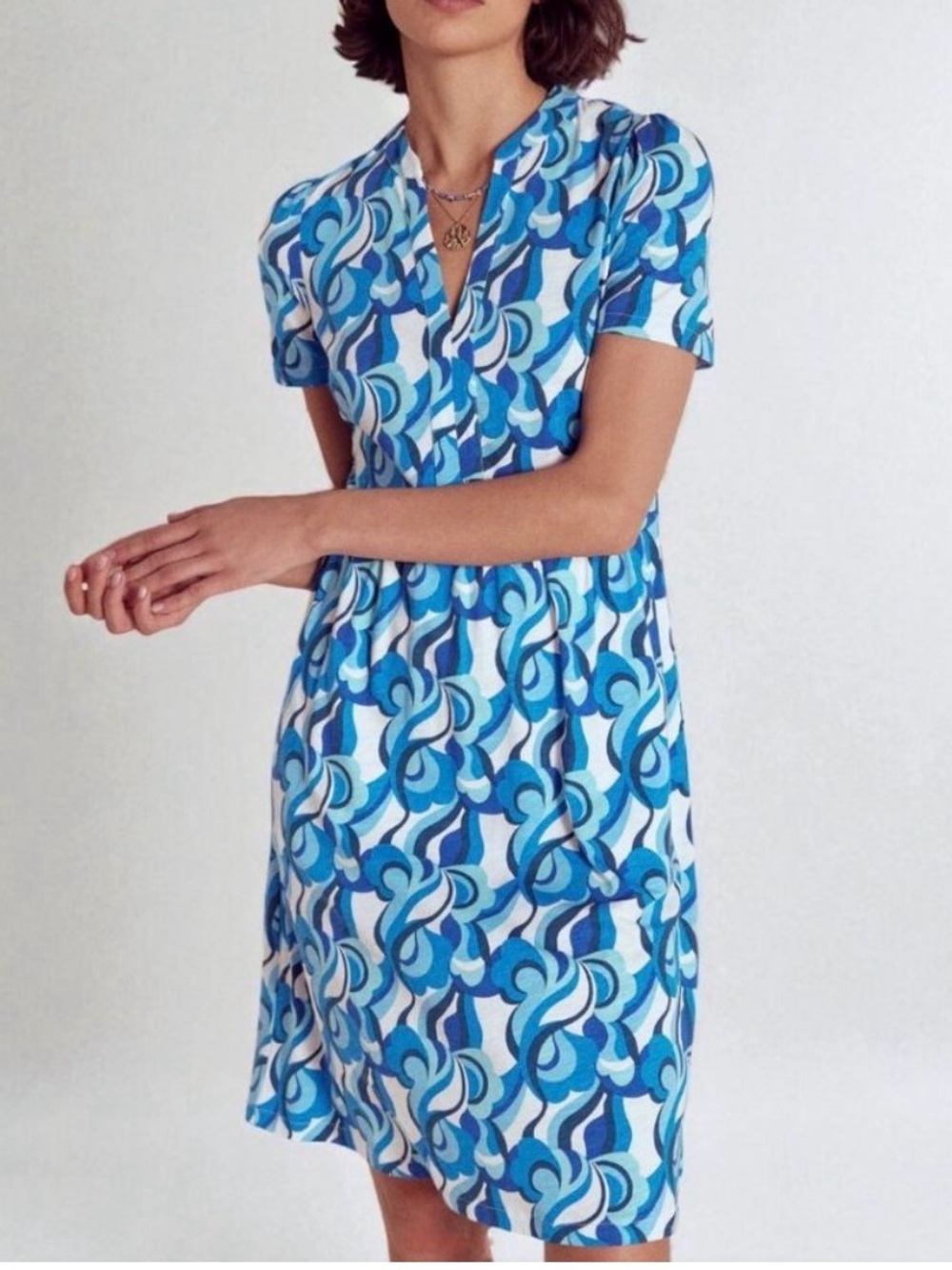 Boden Blue Swirl Naomi Short Sleeve Dress Cotton Tencel Pockets V-Neck Size 12R